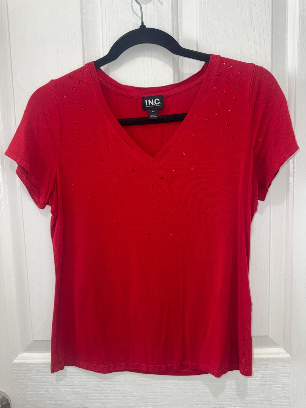 INC International Concepts Red V-Neck Short Sleeve Top with Rhinestone Accents